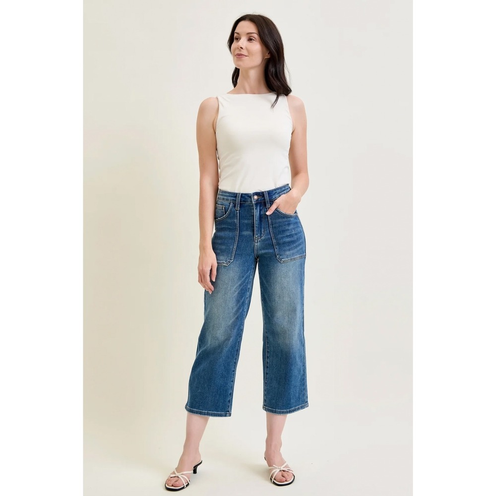 Judy Blue Womens 13/31 Wide Leg Crop Jeans Medium Wash High Rise Relaxed Casual